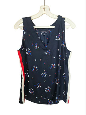 Tommy Hilfiger Blouse Shell Floral V-Neck Tank Top Side Stripe Navy Small EUC